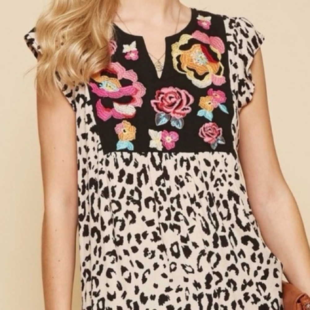 Savanna Jane Black Yoke Animal Print Top with Floral Embroidery
